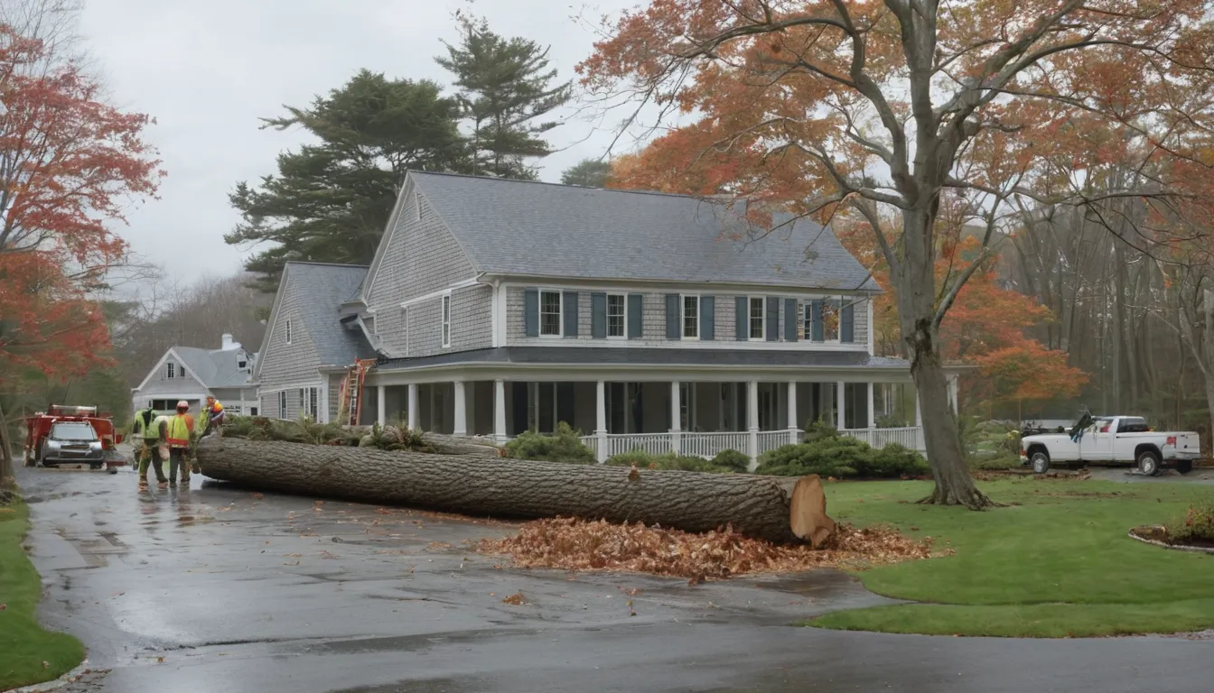 A local tree removal provider cutting a fallen tree safely near a house in Old Westbury after a storm