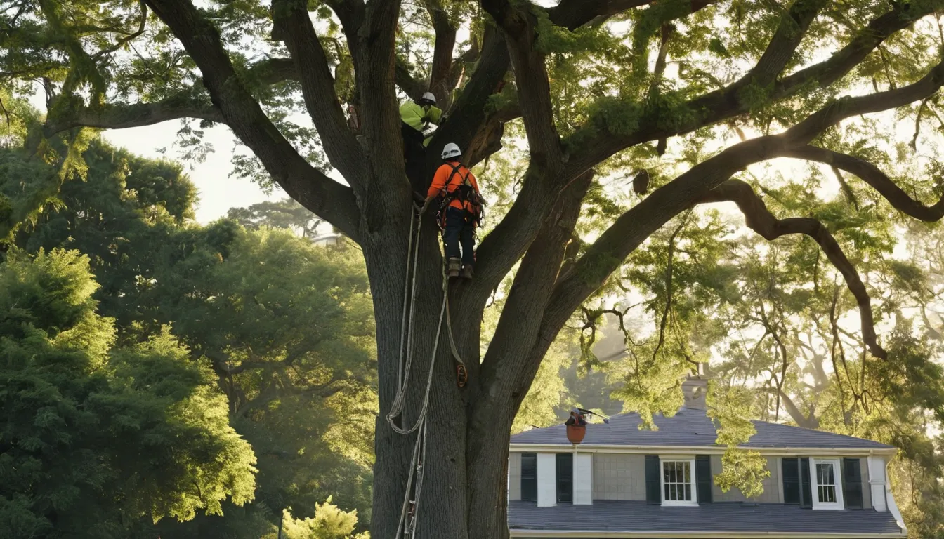 A tree removal crew working safely on a large tree beside a home in Old Westbury